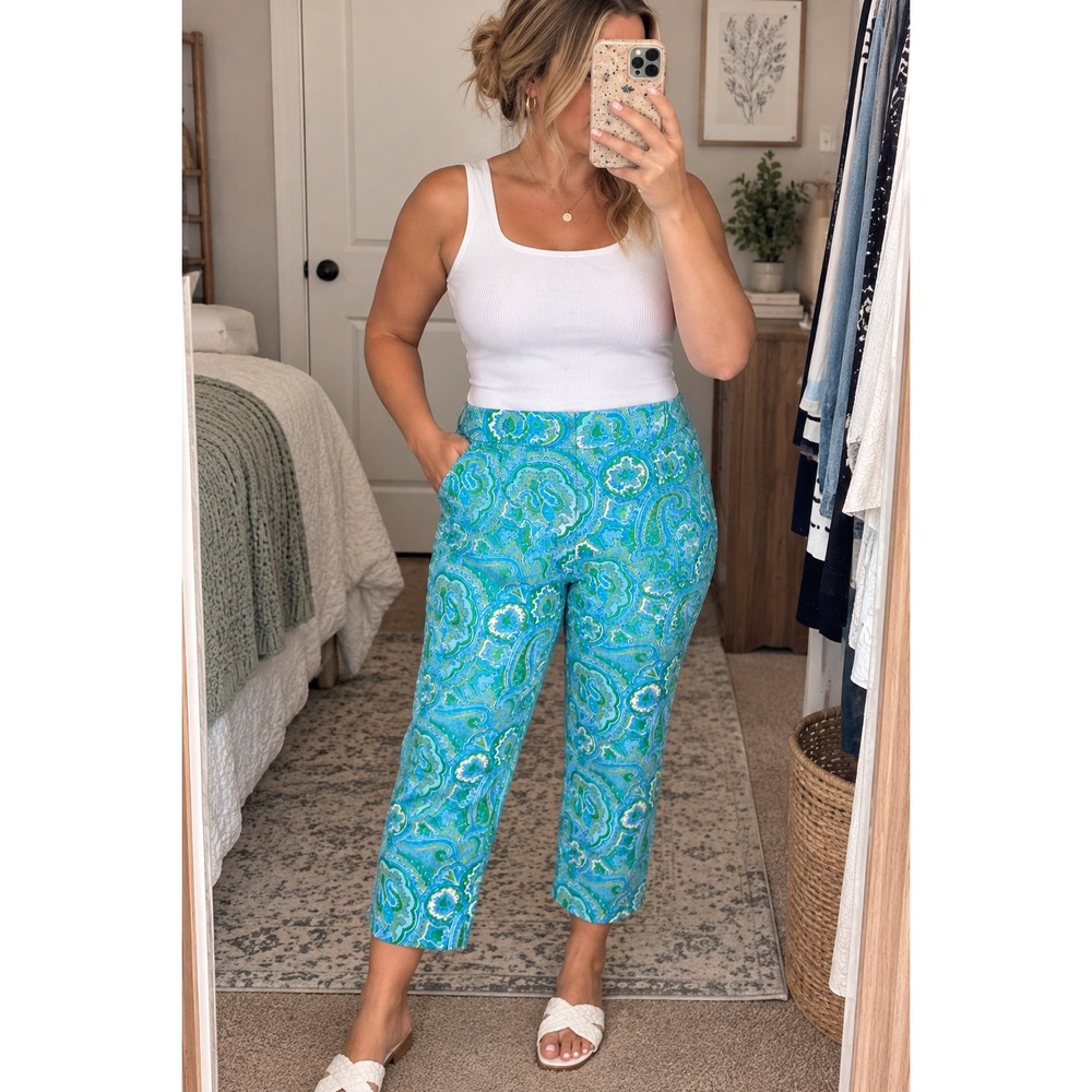 Talbots Paisley Crop Pants Blue Green Cotton Stretch Side Zip Straight Leg